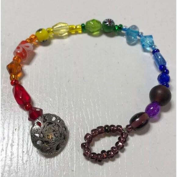 Rainbow Bracelet Artisan Colorful Beads Round Toggle Clasp 7" Original OOAK - Picture 4 of 9